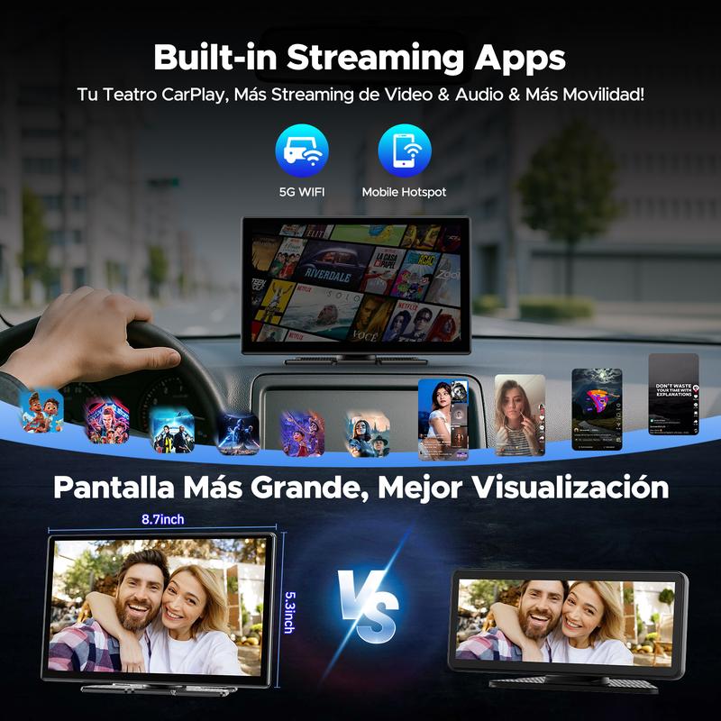 LAMTTO Pantalla Inalámbrica CarPlay 9" Para Ver Películas/Videos/Programas de Televisión en su Auto | Compatible con Netflix/YouTube/TikTok | Incluye Guías de Reversa para una Vista Trasera Clara | Regalos para Familia o Amigos