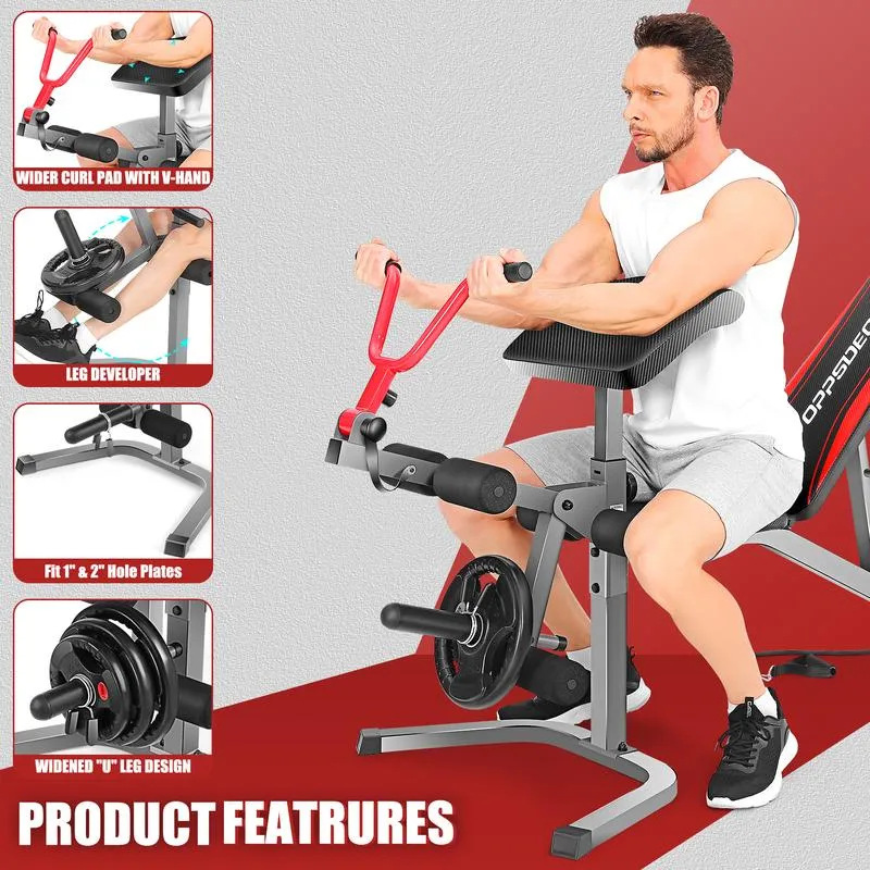 【Summervibes】Banco de pesas ajustable con capacidad de 900 libras, extensión de piernas y almohadilla para curl de bíceps – Equipo de ejercicio para gimnasios en casa.