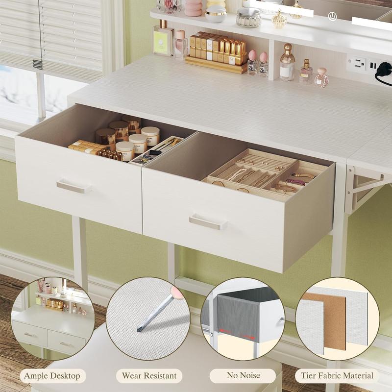 Tocador de maquillaje con espejo y luces, tocador pequeño con cajón de almacenamiento de tela, silla y estantes, tocador blanco con panel plegable y toma de corriente para dormitorio.