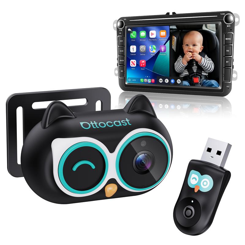 Adaptador inalámbrico CarPlay para cámara de coche para bebés OTTOCAST, monitor de asiento trasero HD 1080P en la pantalla del coche, visión nocturna sin brillo con gran angular de 150°, seguridad para niños y bebés.