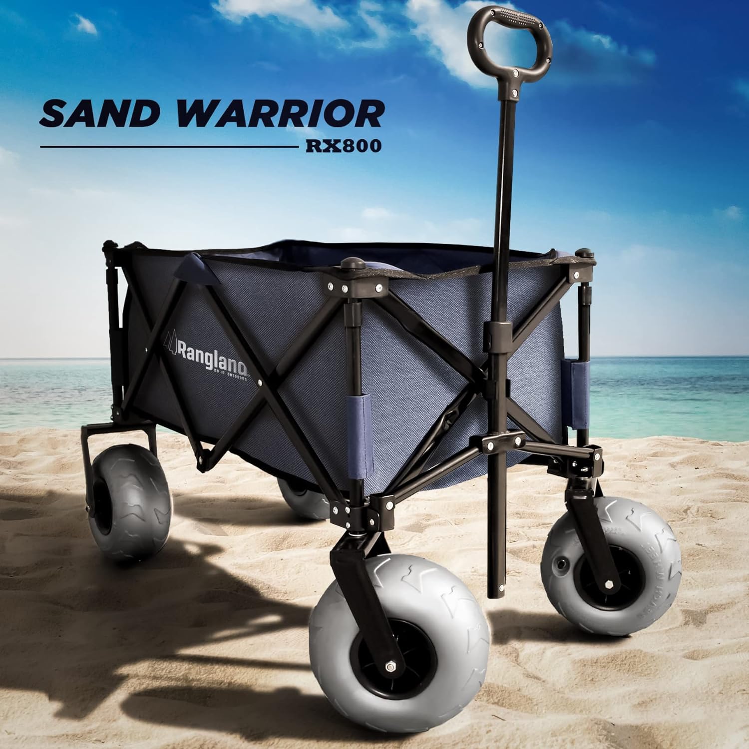 Beach Wagon with Big Wheels for Sand - All Terrain Steel Frame Utility Cart with 9" Pneumatic Tires, Collapsible Folding Design (Sand Warrior RX800) Navy Blue
