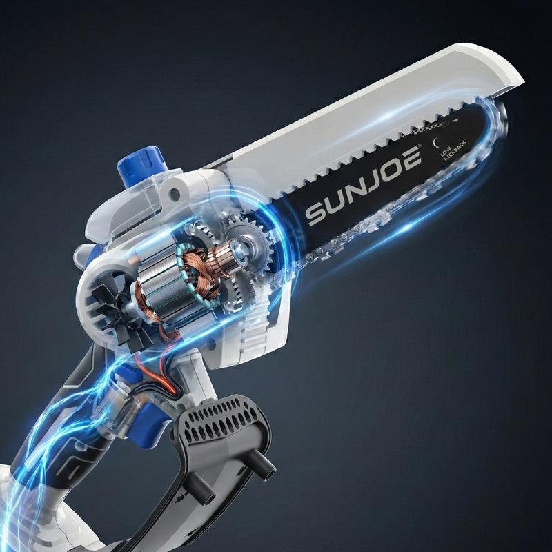 Motosierra Sun Joe Mini de 6 pulgadas inalámbrica - Sierra de poda eléctrica ligera de una sola mano para hombres y mujeres, personas mayores, jardinería, camping, leña - Incluye cadena de repuesto + cargador + aceite + guantes + estuche rígido | Idea de