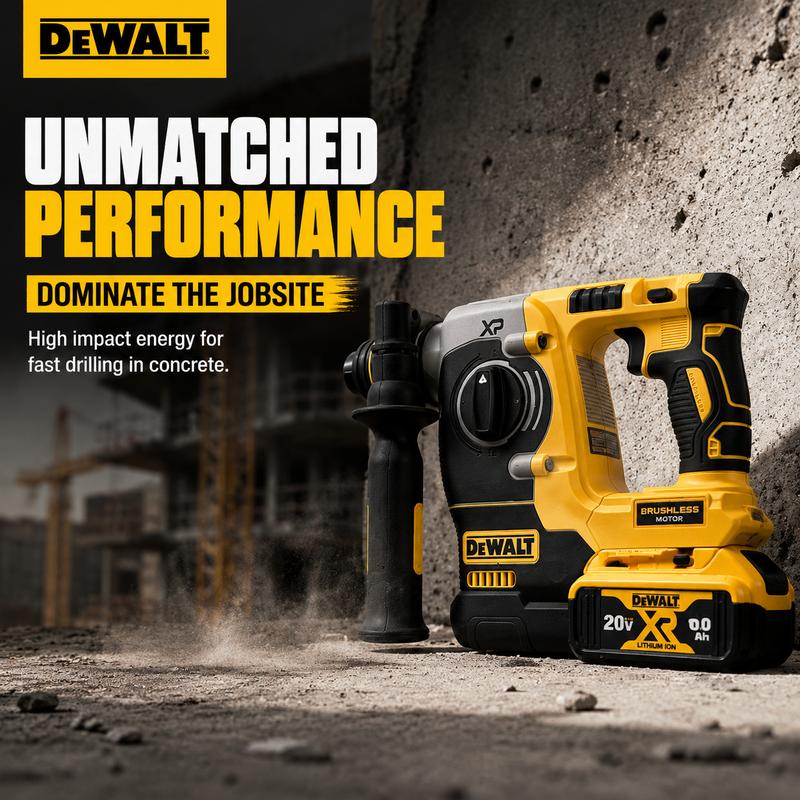 Taladro percutor inalámbrico recargable sin escobillas DEWALT DCH273 de 20 V, diámetro máximo de perforación de 26 mm, velocidad sin carga de 0-950 RPM, frecuencia de impacto de 0-3600 IPM, batería de litio de 6.0 Ah y cargador para construcción, perforac