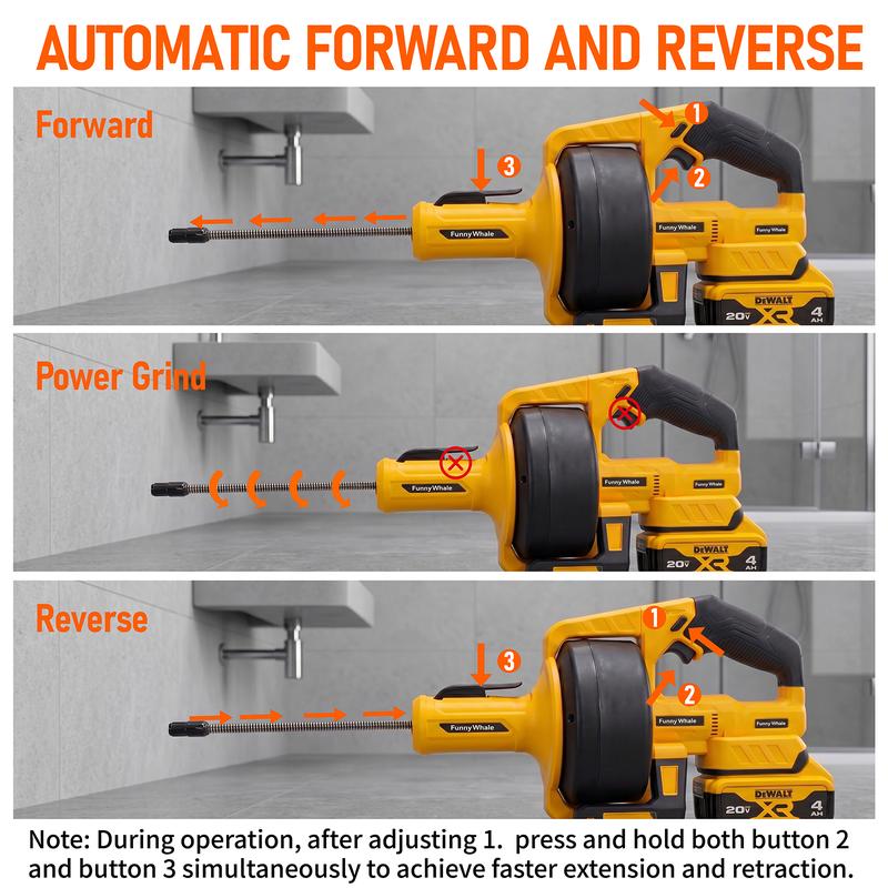 Desatascador inalámbrico FunnyWhale compatible con batería Dewalt de 20 V (batería no incluida). Serpiente desatascadora de alimentación automática con cable de 7 metros. Herramienta para desatascar desagües de fregaderos, inodoros, bañeras y alcantarilla