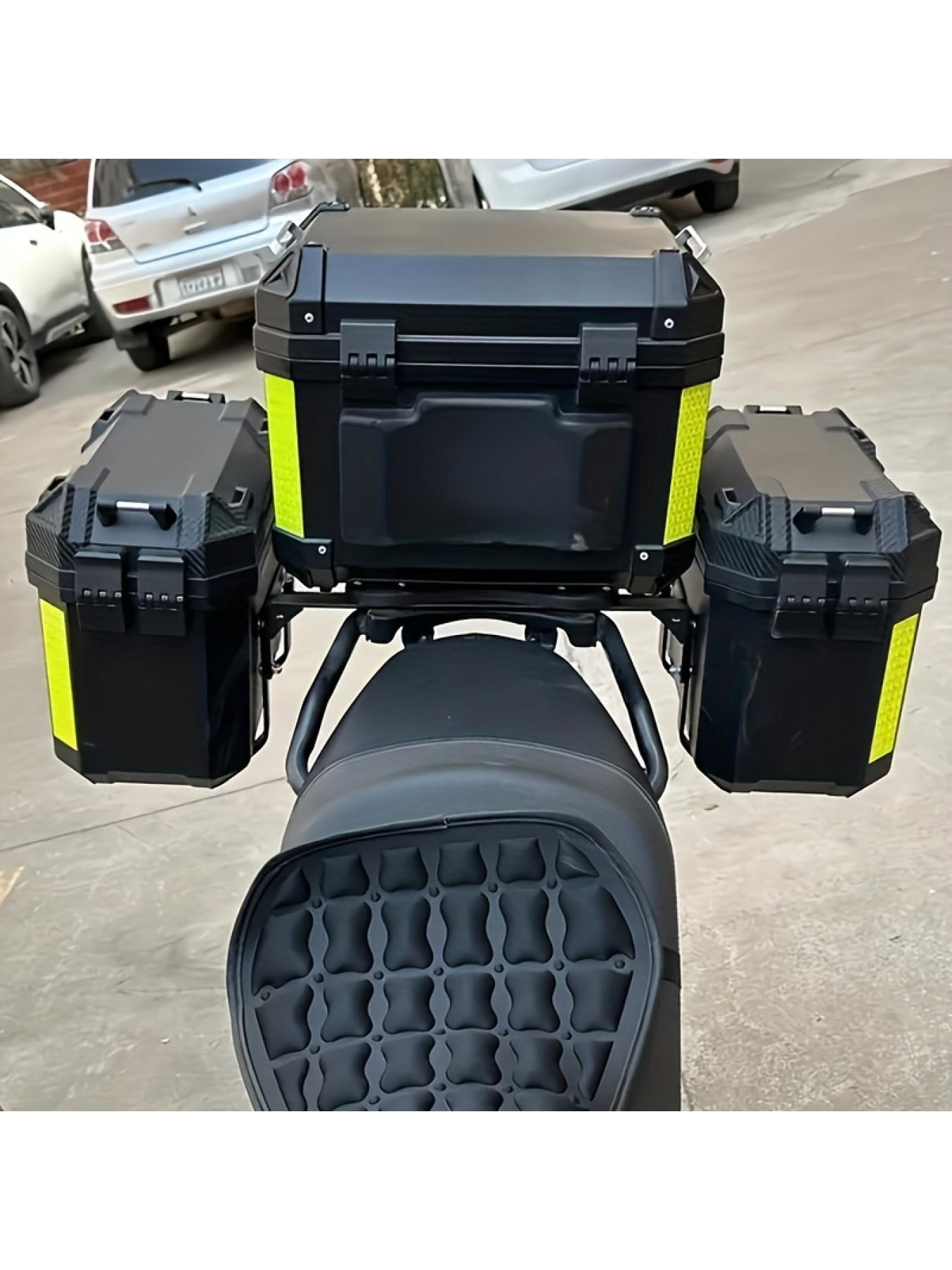 1 set of 2 pcs heavy-duty motorcycle luggage, a pair of side boxes made of ABS plastic material, comes with installation brackets, safety locks, reflective strips, and lining, making it an essential accessory for vehicles