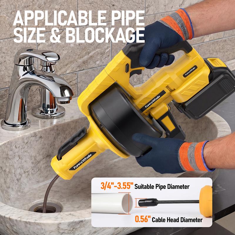 Desatascador inalámbrico FunnyWhale compatible con batería Dewalt de 20 V (batería no incluida). Serpiente desatascadora de alimentación automática con cable de 7 metros. Herramienta para desatascar desagües de fregaderos, inodoros, bañeras y alcantarilla