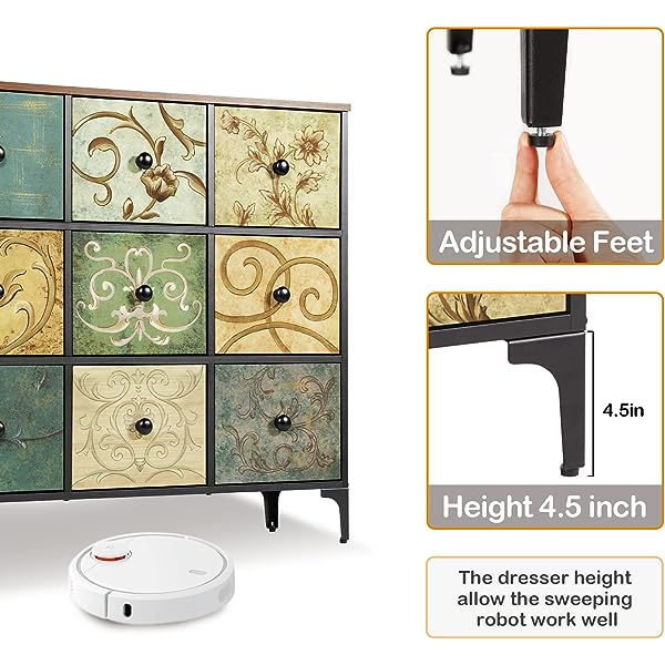 Cómoda con 9 cajones, cómoda de almacenamiento alta para recámara, cómoda moderna para clóset, sala de estar, pasillo, parte superior de madera, cajón de tela