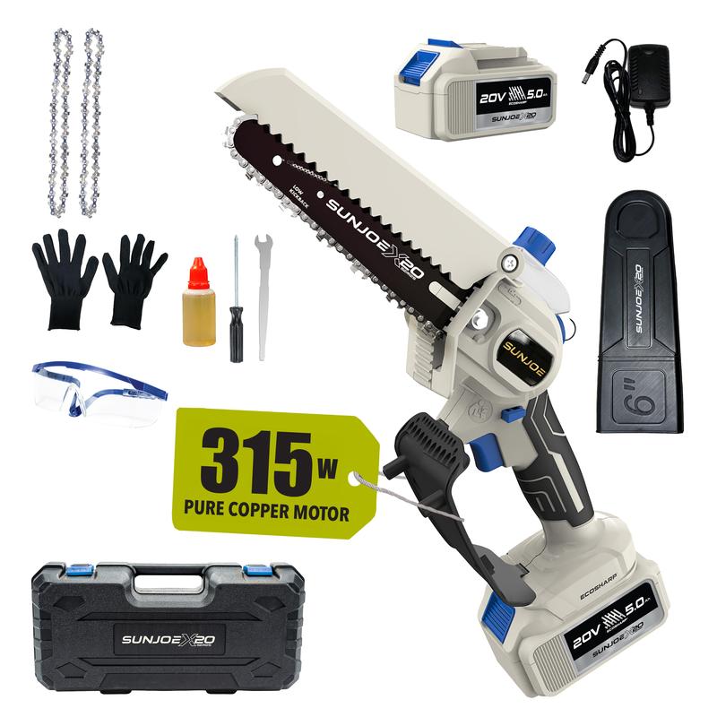 Motosierra Sun Joe Mini de 6 pulgadas inalámbrica - Sierra de poda eléctrica ligera de una sola mano para hombres y mujeres, personas mayores, jardinería, camping, leña - Incluye cadena de repuesto + cargador + aceite + guantes + estuche rígido | Idea de