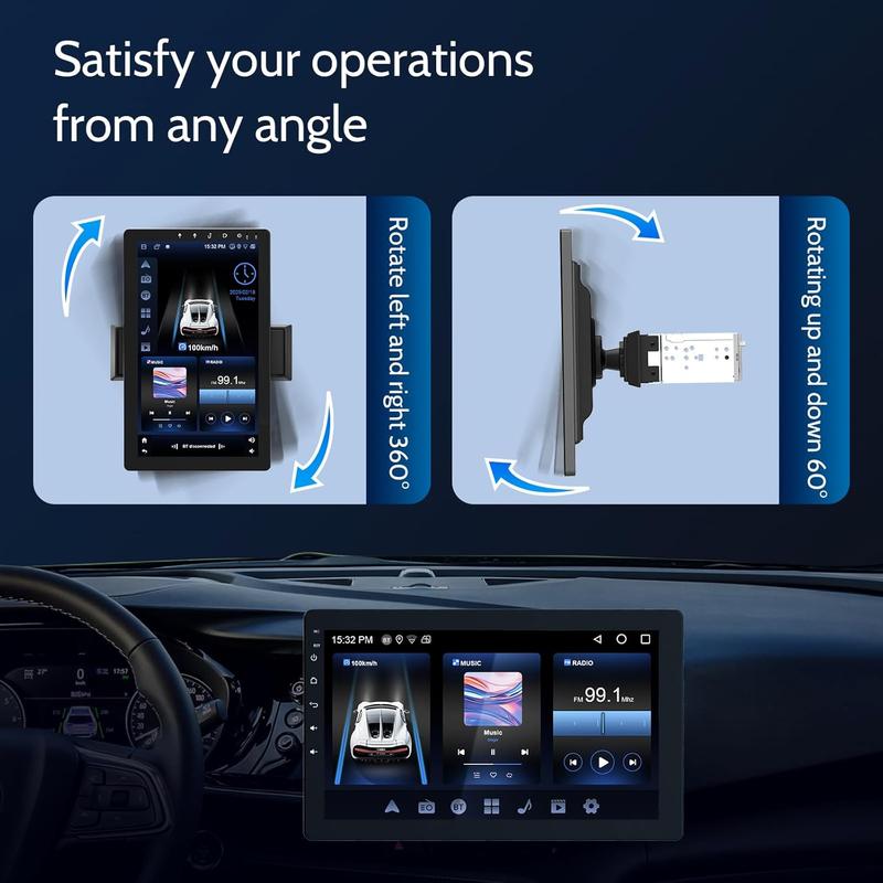 Autoestéreo de 10.1" Single Din con pantalla giratoria CarPlay 1080P, cámara trasera inalámbrica, CarPlay, Android Auto, pantalla táctil, Mirror Link, Bluetooth, reproducción de música, AUX, FM y USB.