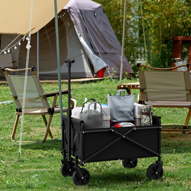 Carretilla plegable multifuncional de gran capacidad, ruedas todoterreno, estructura metálica, armazón de tela y plástico, ideal para jardinería, camping, playa, deportes y compras.