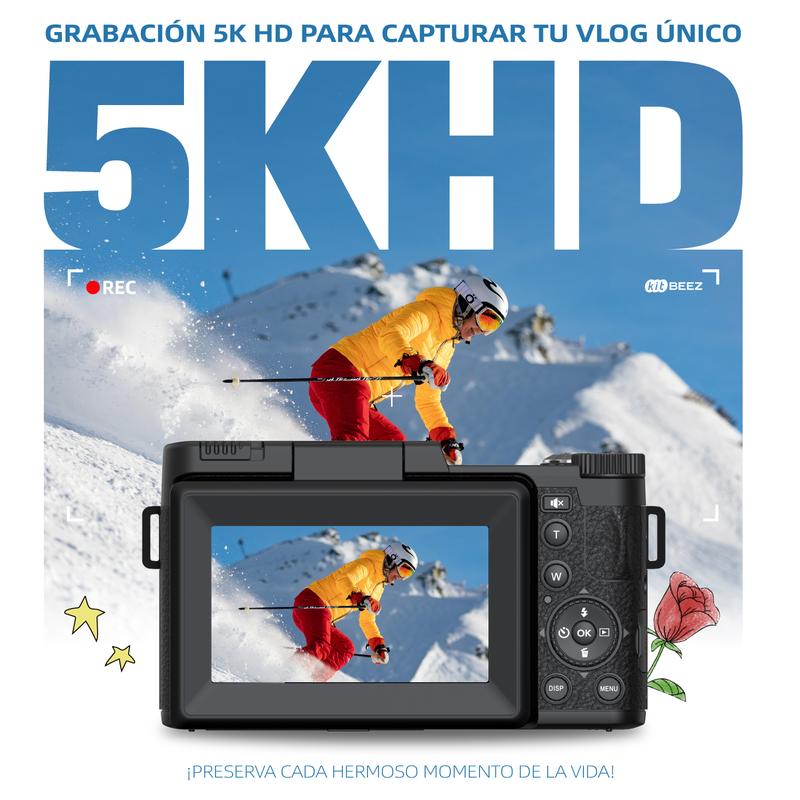 Kitbeez Cámara digital  KP-4 - 75 MP, video 5K, pantalla giratoria de 180° - Memoria de 32 GB incluida