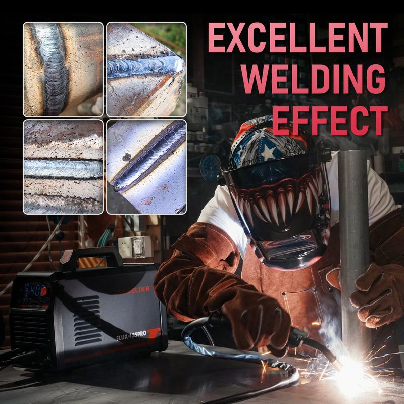 Soldadora MIG con núcleo fundente YESWELDER FLUX-135PRO de 110 V y 135 A con casco de soldadura LYG-L600A | Máquina de soldadura 3 en 1 con pantalla digital MIG/TIG/Electrodo sin gas, portátil, para metal