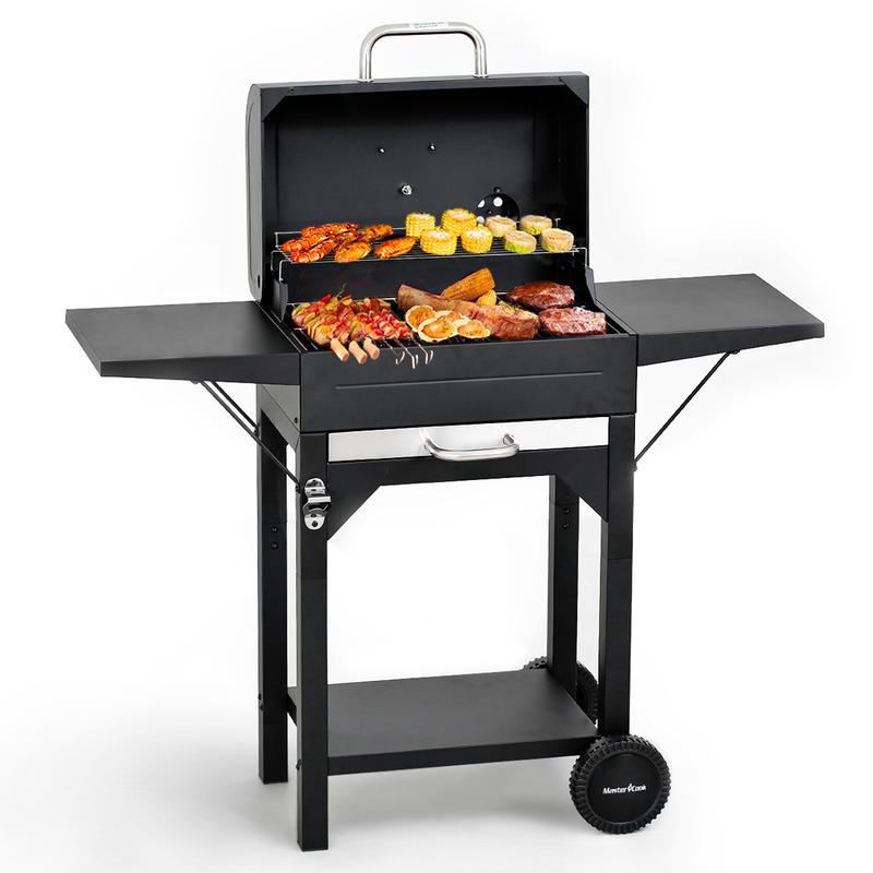 Parrilla de carbón MASTER COOK con dos mesas laterales, parrilla de barbacoa de acero resistente para picnics al aire libre, patio trasero y fiestas, color negro. TikTokShopBlackFriday