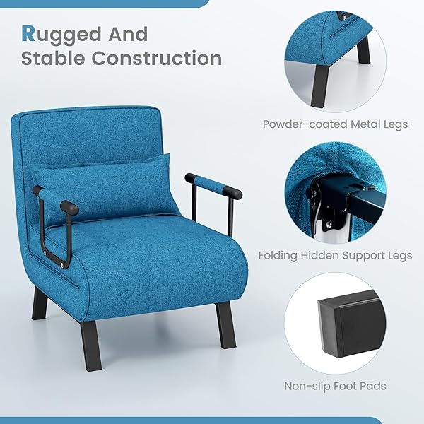 Silla convertible, 4 en 1, silla de lectura para sala de estar con almohada, brazo y respaldo ajustable de 5 posiciones, sofá cama individual, color café Marrón