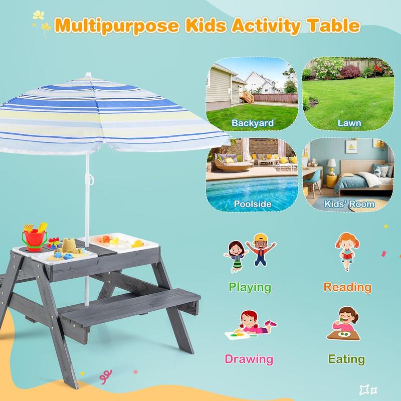Mesa de picnic infantil Costzon con sombrilla de altura ajustable, para interior y exterior, mesa de arena y agua para jardín, patio trasero, terraza, dealsforyou