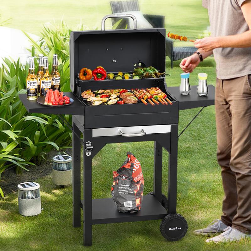 Parrilla de carbón MASTER COOK con dos mesas laterales, parrilla de barbacoa de acero resistente para picnics al aire libre, patio trasero y fiestas, color negro. TikTokShopBlackFriday