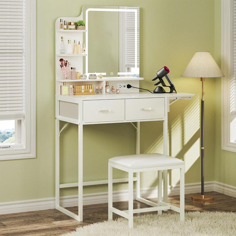 Tocador de maquillaje con espejo y luces, tocador pequeño con cajón de almacenamiento de tela, silla y estantes, tocador blanco con panel plegable y toma de corriente para dormitorio.