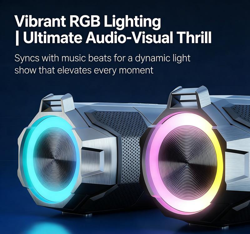 Altavoz multifuncional para exteriores Claison, con certificación de impermeabilidad IPX6, batería recargable de 3600 mAh, iluminación RGB, Bluetooth 5.3 y red protectora desmontable. Ideal para acampar y jugar videojuegos; compatible con Android y con fu
