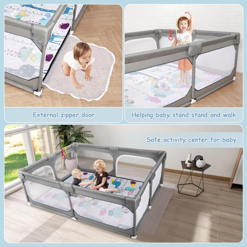 Parque infantil extragrande Benazcap con alfombra, libre de BPA, diseño seguro sin huecos para diversión en interiores y exteriores, regalo para futuras mamás, parque infantil gris con valla resistente.