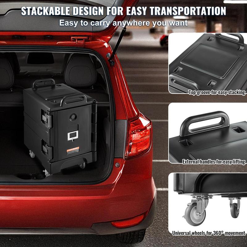 Transportador de bandejas de alimentos isotérmicos VEVOR, caja térmica de 81 cuartos para catering, transportador de cajas de alimentos con hebillas dobles, calentador de alimentos de carga frontal con asas, apilable de carga trasera con ruedas para resta