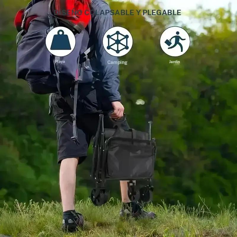 Carretilla plegable multifuncional de gran capacidad, ruedas todoterreno, estructura metálica, armazón de tela y plástico, ideal para jardinería, camping, playa, deportes y compras.