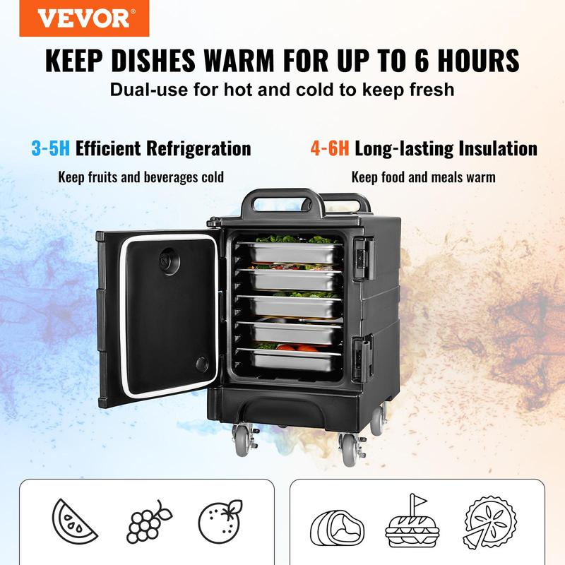 Transportador de bandejas de alimentos isotérmicos VEVOR, caja térmica de 81 cuartos para catering, transportador de cajas de alimentos con hebillas dobles, calentador de alimentos de carga frontal con asas, apilable de carga trasera con ruedas para resta