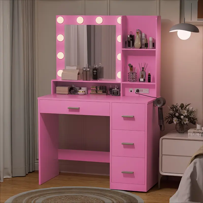 Tocador con luces y espejo, mesa de maquillaje con cajón y toma de corriente