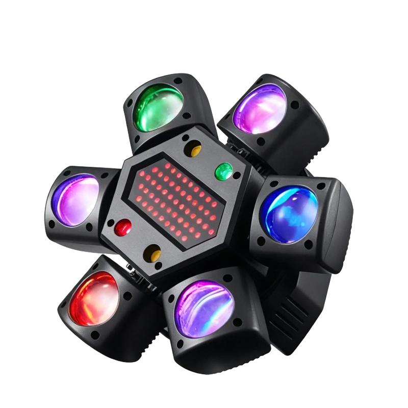 Cabeza móvil para DJ XNK de 6 brazos con forma de ojo de abeja: LED RGBW 4 en 1, láseres rojos y verdes, iluminación dinámica para escenarios y fiestas en discotecas, bodas, festivales y clubes.