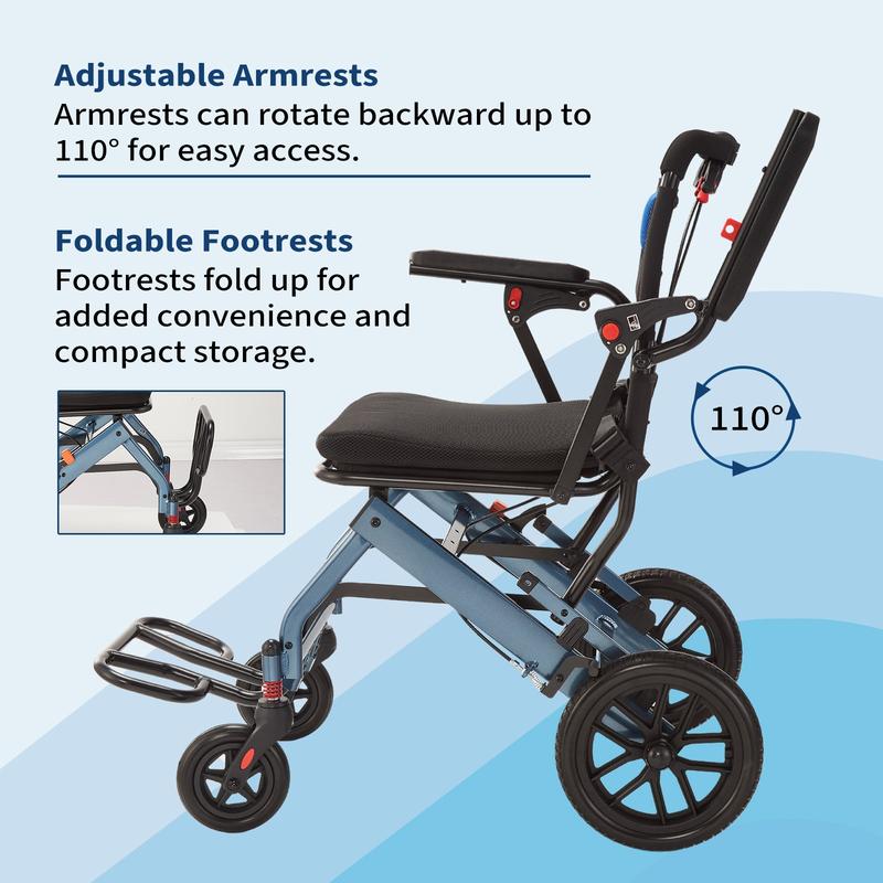 Silla de ruedas plegable portátil con freno de mano, diseño ultraligero, ancho de asiento de 40,6 cm (16 pulgadas), ruedas traseras de PVC de 20,3 cm (8 pulgadas), ideal para viajes y asistencia de movilidad diaria. Silla de ruedas plegable para el cuidad