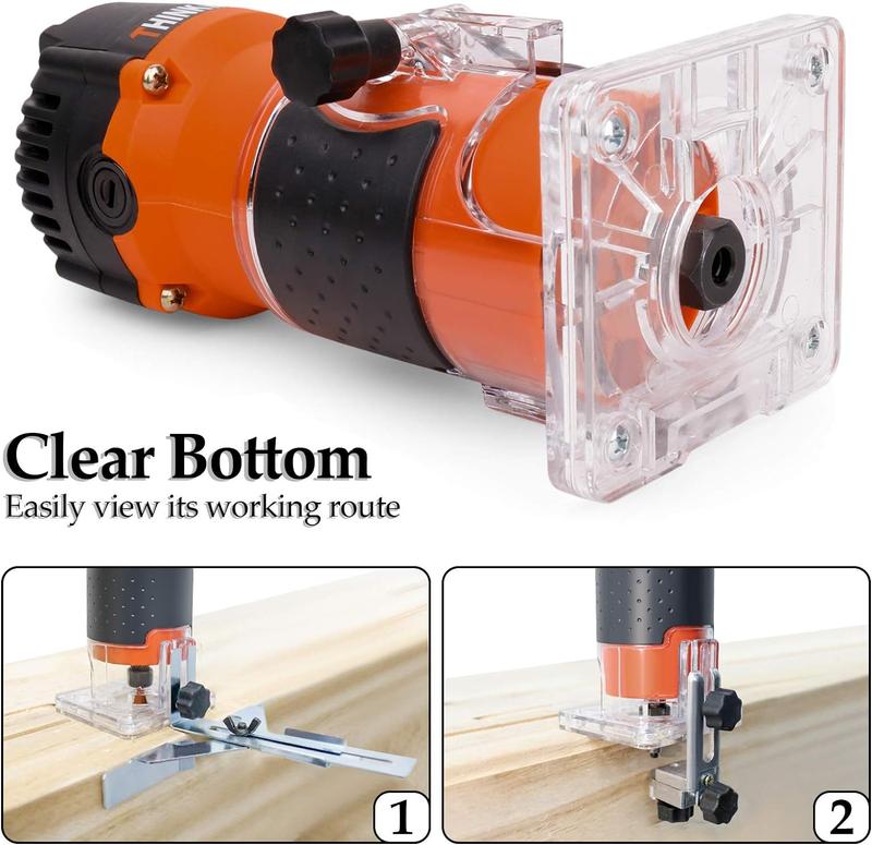 Fresadora compacta THINKWORK de 6,5 amperios y 1,25 CV con juego de 15 fresas para carpintería, herramienta portátil de alta resistencia para proyectos de bricolaje y del hogar.