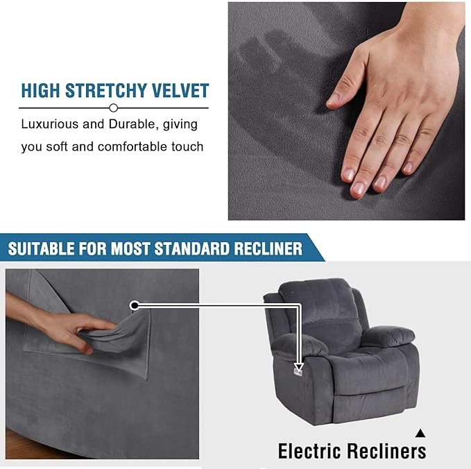 Funda para silla reclinable de terciopelo, 1 pieza, funda reclinable para sillón reclinable grande, protector de muebles de terciopelo suave y grueso con parte inferior elástica, espuma antideslizante adjunta (reclinable, gris)
