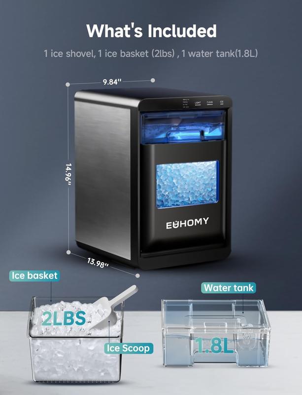 Máquina de hielo en pepitas EUHOMY para encimera, 35 lb/24H y 44 lb/24H, máquina de hielo en guijarros, máquina de hielo en pellets autolimpiante con pala y cesta para hielo, máquina de hielo sónica para encimera para el hogar/cocina/oficina (negra)