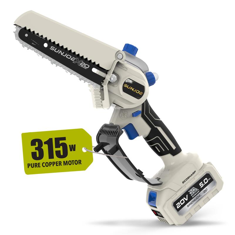 Motosierra Sun Joe Mini de 6 pulgadas inalámbrica - Sierra de poda eléctrica ligera de una sola mano para hombres y mujeres, personas mayores, jardinería, camping, leña - Incluye cadena de repuesto + cargador + aceite + guantes + estuche rígido | Idea de