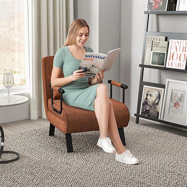 Silla convertible, 4 en 1, silla de lectura para sala de estar con almohada, brazo y respaldo ajustable de 5 posiciones, sofá cama individual, color café Marrón