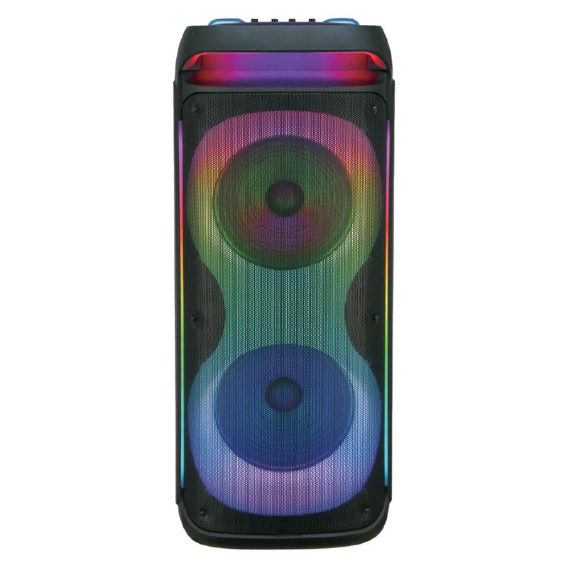 Altavoz Bluetooth PA recargable con doble woofer de 12" + tweeter de 1.5", caja de sonido inalámbrica portátil con dos micrófonos, control remoto y luz LED para fiestas.