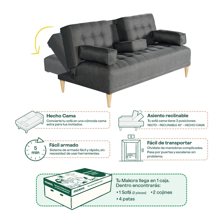 Sofá Cama Makora Queen con Memory Foam Color Oxford Lino Respaldo Reclinable de 3 Posiciones