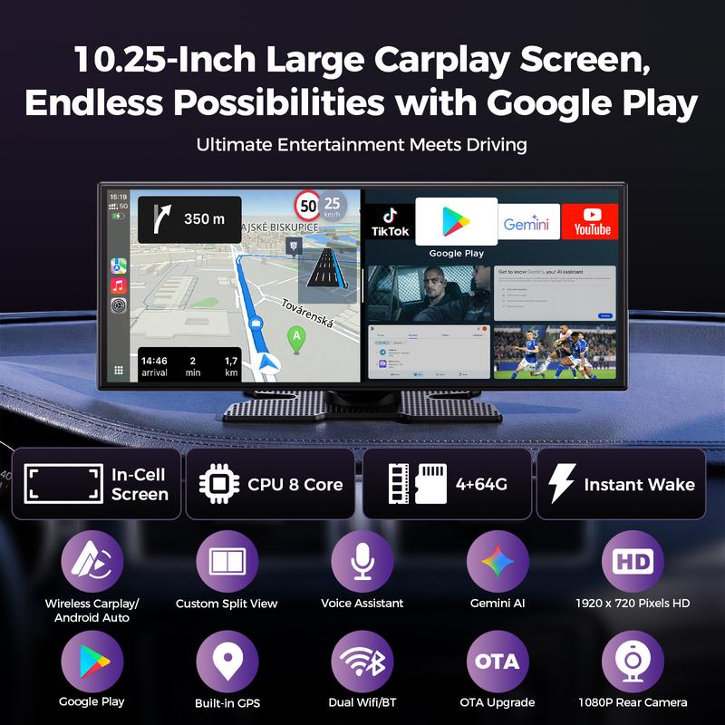 Pantalla para coche LAMTTO de 10,25" con IA, pantalla Android con Gemini + GPS sin conexión + aplicaciones de Google Play | No solo CarPlay: pantalla CarPlay para coche. Evita que la batería de tu teléfono se agote mientras conduces. Accesorios para el in