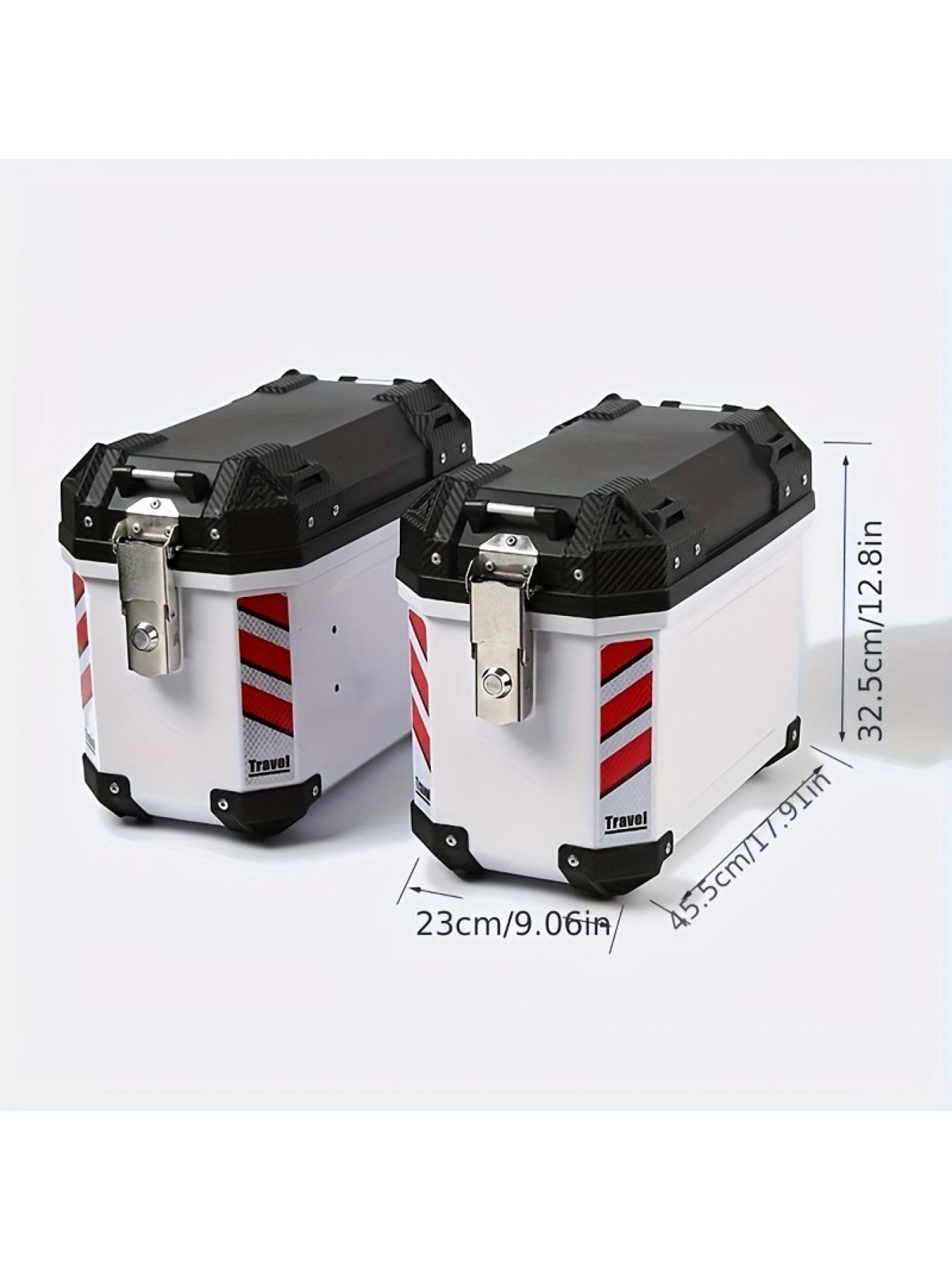 1 set of 2 pcs heavy-duty motorcycle luggage, a pair of side boxes made of ABS plastic material, comes with installation brackets, safety locks, reflective strips, and lining, making it an essential accessory for vehicles