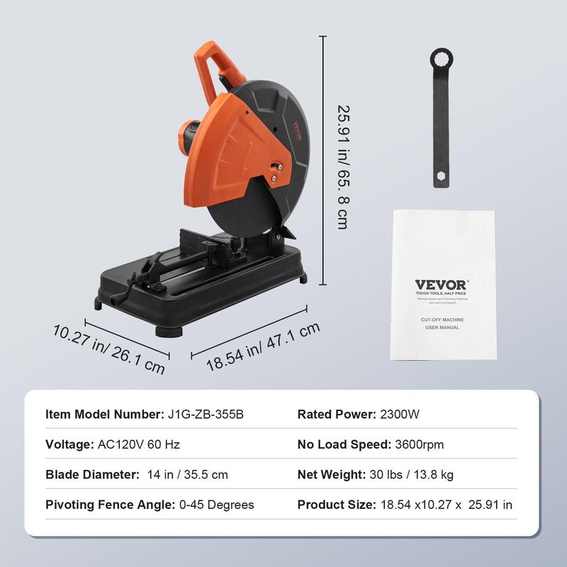 Sierra de corte abrasiva VEVOR, sierra de corte de 14"/355 mm de diámetro de hoja, máquina de corte de acero de 2300 W y 3600 RPM, sierra de inglete de ángulo ajustable de 0 a 45° para cortar metal, sierra de corte para acero/barras de refuerzo/hierro/alu