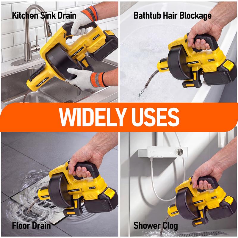 Desatascador inalámbrico FunnyWhale compatible con batería Dewalt de 20 V (batería no incluida). Serpiente desatascadora de alimentación automática con cable de 7 metros. Herramienta para desatascar desagües de fregaderos, inodoros, bañeras y alcantarilla