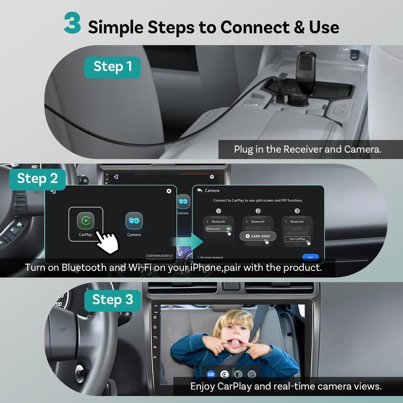 Adaptador inalámbrico CarPlay para cámara de coche para bebés OTTOCAST, monitor de asiento trasero HD 1080P en la pantalla del coche, visión nocturna sin brillo con gran angular de 150°, seguridad para niños y bebés.