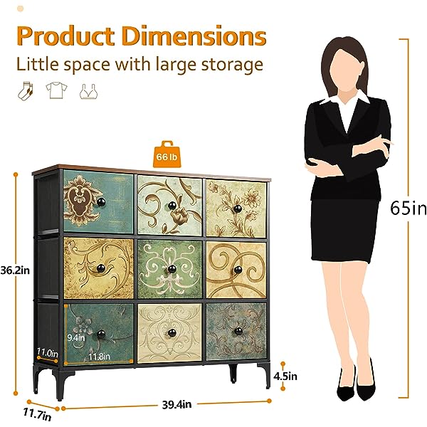 Cómoda con 9 cajones, cómoda de almacenamiento alta para recámara, cómoda moderna para clóset, sala de estar, pasillo, parte superior de madera, cajón de tela