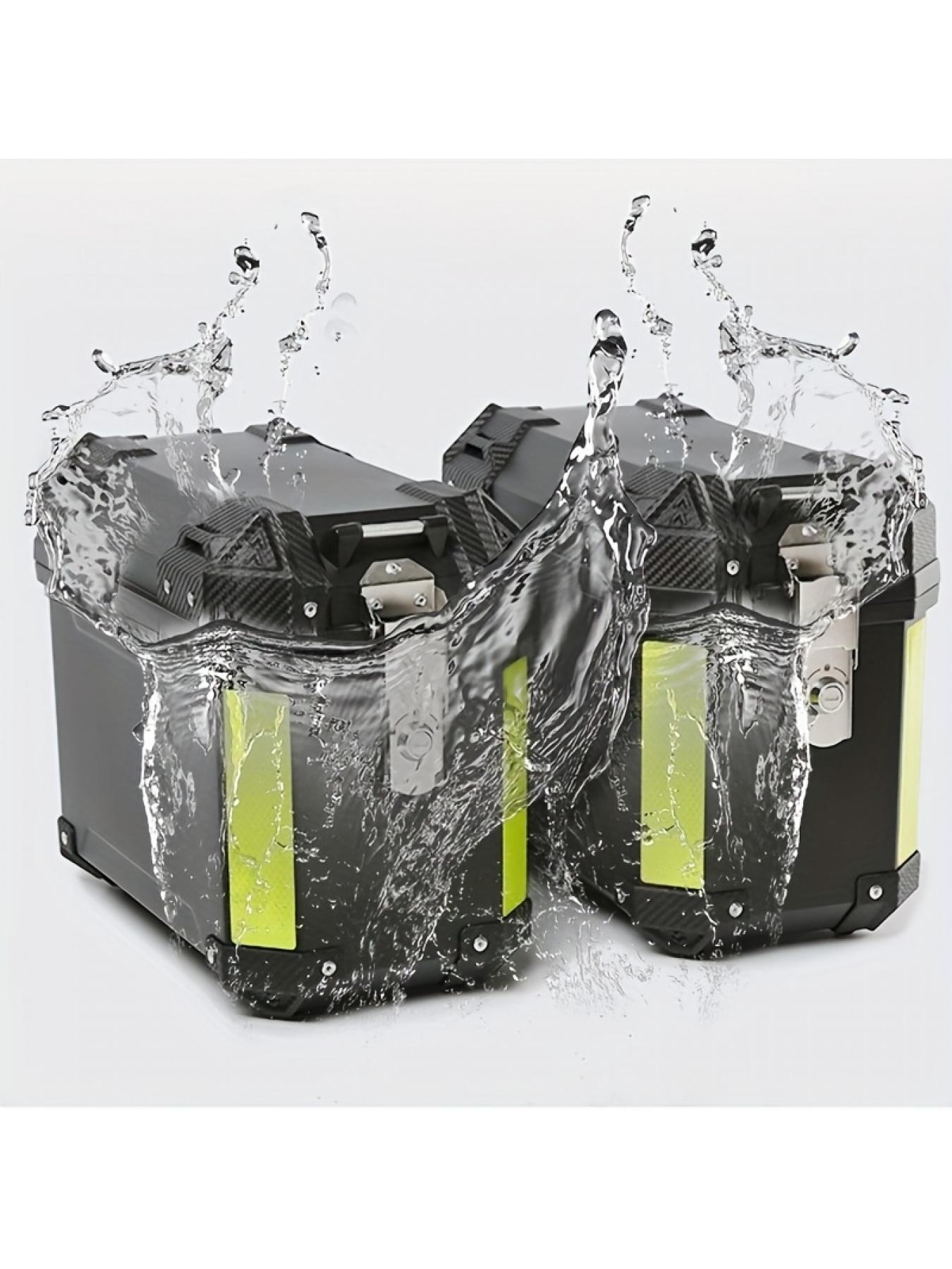 1 set of 2 pcs heavy-duty motorcycle luggage, a pair of side boxes made of ABS plastic material, comes with installation brackets, safety locks, reflective strips, and lining, making it an essential accessory for vehicles