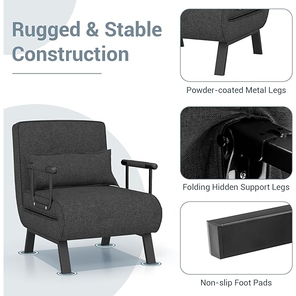 Silla convertible, 4 en 1, silla de lectura para sala de estar con almohada, brazo y respaldo ajustable de 5 posiciones, sofá cama individual, color café Marrón