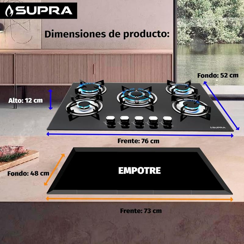 SUPRA Parrilla a Gas Empotrable de 5 Quemadores - 76 cm, Cubierta de Cristal Templado Negro y Válvula de Seguridad Avanzada Mod. BRIONI