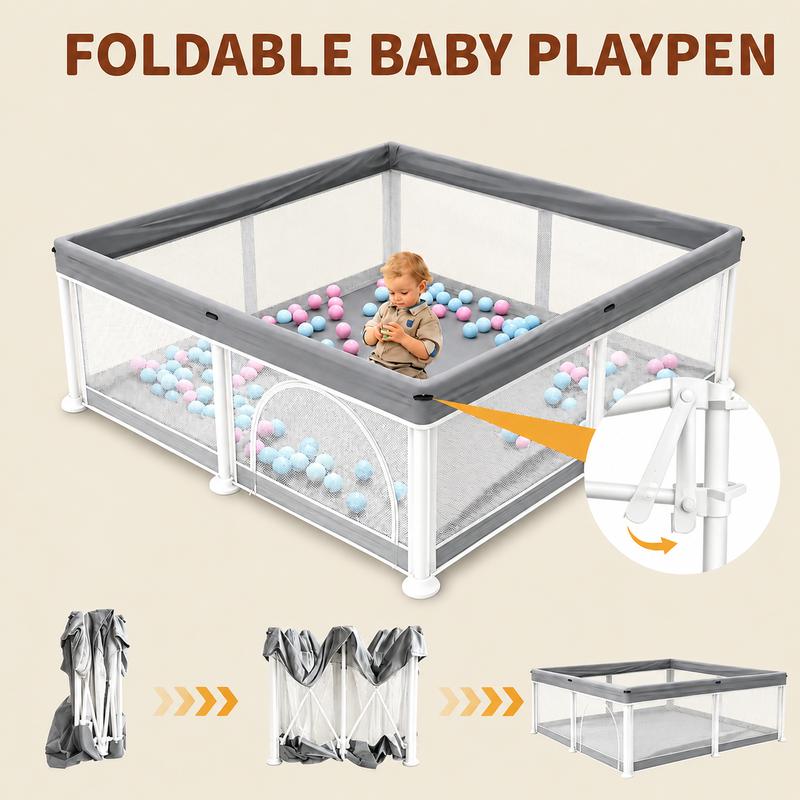 Parque infantil extragrande Benazcap con alfombra, libre de BPA, diseño seguro sin huecos para diversión en interiores y exteriores, regalo para futuras mamás, parque infantil gris con valla resistente.
