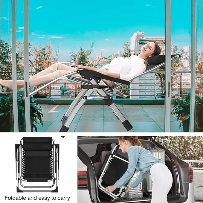 Catre Plegable Premium con Cojín Ajustable a Gravedad Cero a 170° Doble Uso para Sentarse y Acostarse Color Negro Silla Reclinable Ergonómica Sillón Reclinable Portátil
