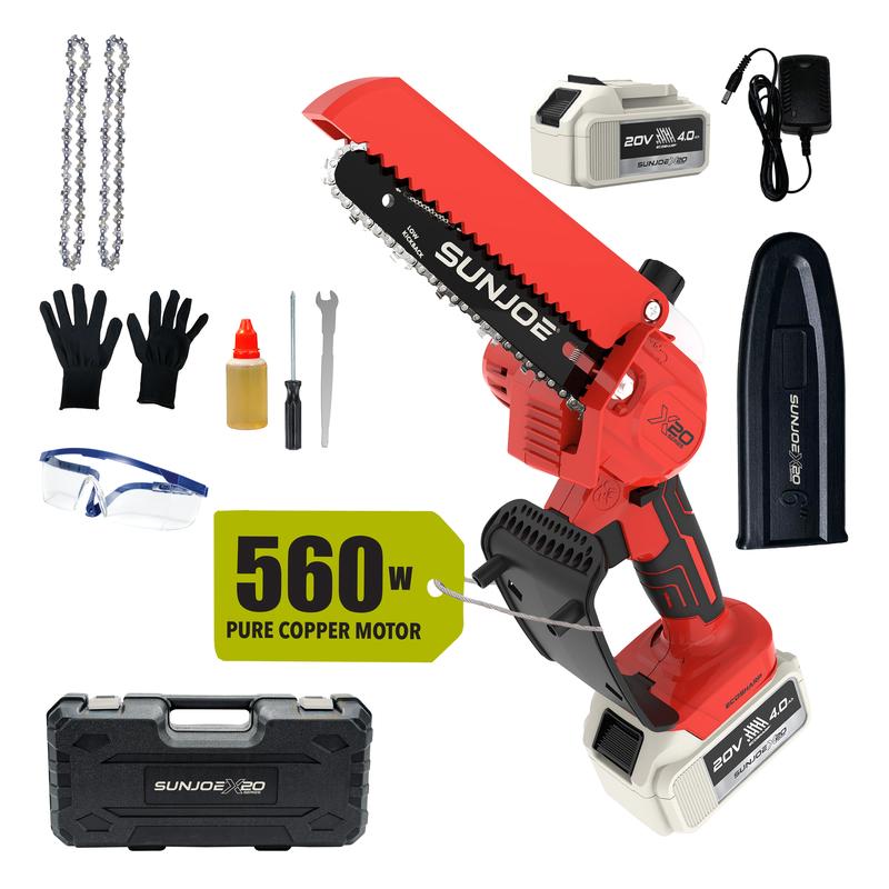 Motosierra Sun Joe Mini de 6 pulgadas inalámbrica - Sierra de poda eléctrica ligera de una sola mano para hombres y mujeres, personas mayores, jardinería, camping, leña - Incluye cadena de repuesto + cargador + aceite + guantes + estuche rígido | Idea de