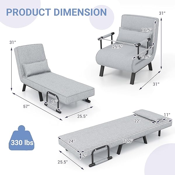 Silla convertible, 4 en 1, silla de lectura para sala de estar con almohada, brazo y respaldo ajustable de 5 posiciones, sofá cama individual, color café Marrón