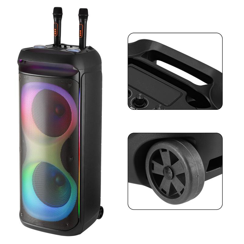 Altavoz Bluetooth PA recargable con doble woofer de 12" + tweeter de 1.5", caja de sonido inalámbrica portátil con dos micrófonos, control remoto y luz LED para fiestas.